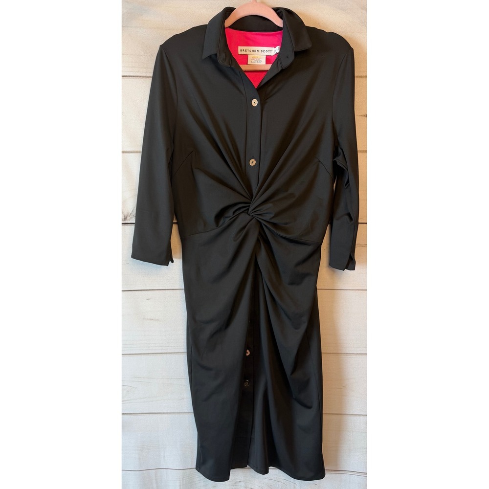 Gretchen Scott Black Twist Front Shirt Dress Hot Pink Lining XL